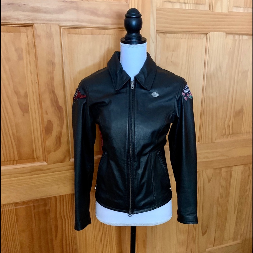 Harley-Davidson Black Leather Jacket-With Patches- Size XS - Picture 2 of 8